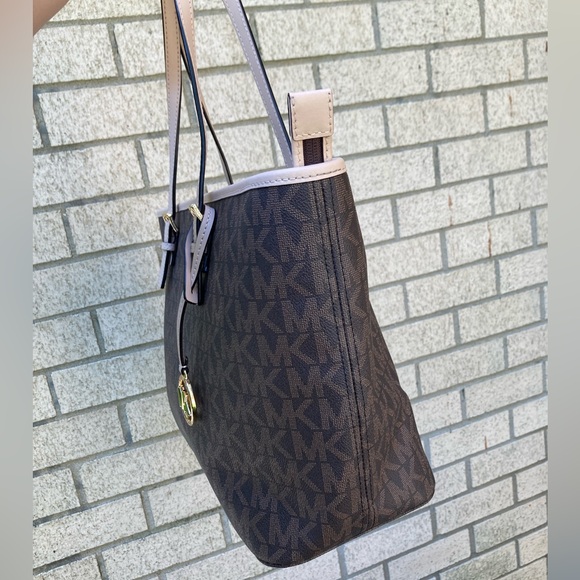 Michael Kors Jet Set Charm Zipper Closure Tote Bag Brown Purse Cream Leather - Picture 16 of 17